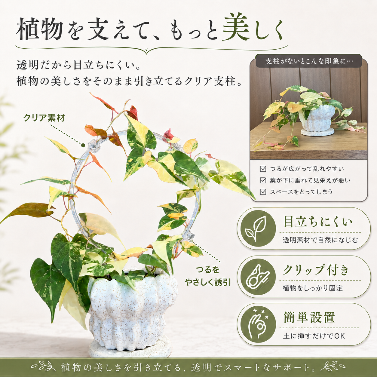 【丸型 大・小 / U字型 / 棒】クリア支柱+クリアクリップ20個セット