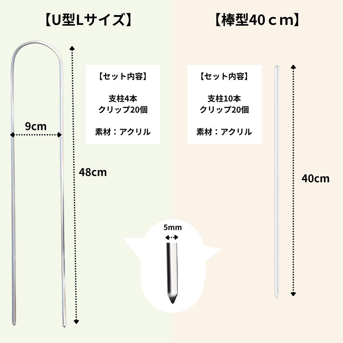 【丸型 大・小 / U字型 / 棒】クリア支柱+クリアクリップ20個セット